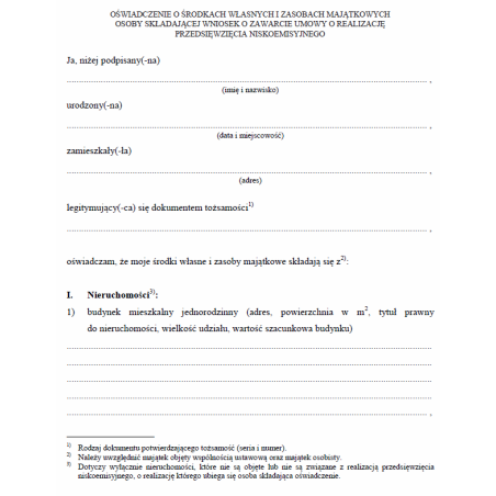 Oświadczenie o środkach własnych i zasobach majątkowych osoby składającej wniosek o zawarcie umowy o realizację przedsięwzięcia niskoemisyjnego