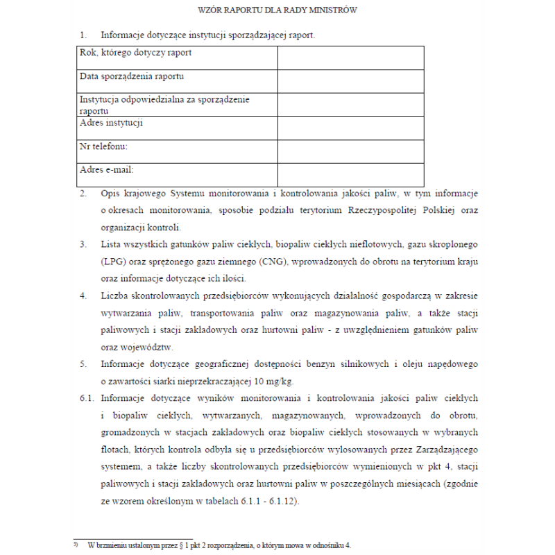 Raport dla Rady Ministrów dotyczący jakości paliw ciekłych, biopaliw ciekłych, gazu skroplonego (LPG) i sprężonego gazu ziemnego (CNG)
