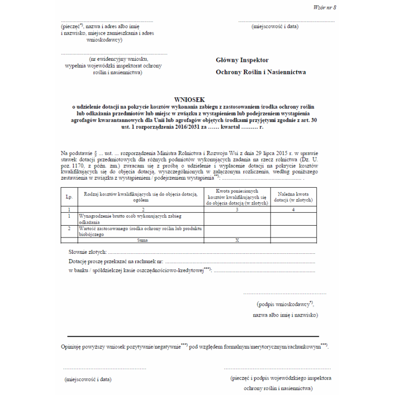 Wniosek o udzielenie dotacji na pokrycie kosztów wykonania zabiegu z zastosowaniem środka ochrony roślin lub odkażania przedmiotów lub miejsc w związku z wystąpieniem lub podejrzeniem wystąpienia agrofagów kwarantannowych