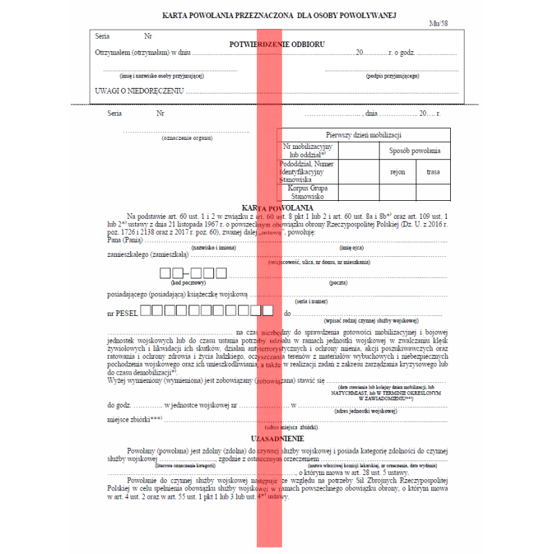 Karta powołania przeznaczona dla osoby powoływanej