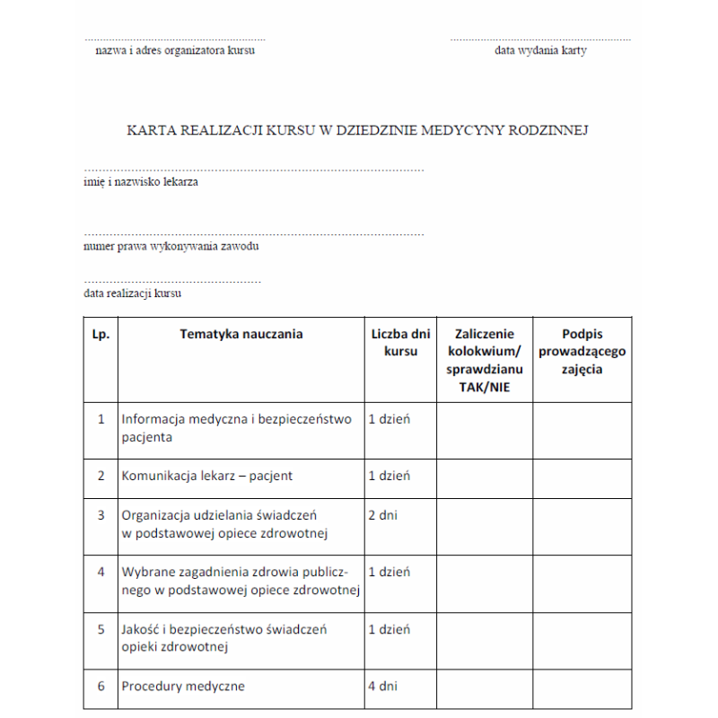 Karta realizacji kursu w dziedzinie medycyny rodzinnej