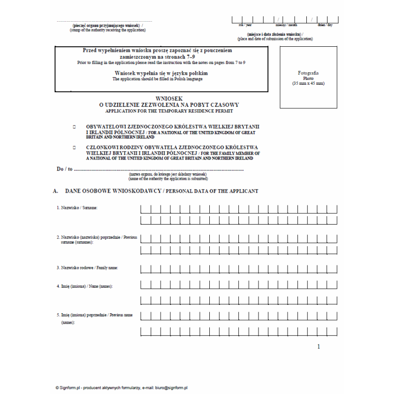 Wniosek o udzielenie zezwolenia na pobyt czasowy obywatelowi, członkowi rodziny obywatela Zjednoczonego Królestwa Wielkiej Brytanii i Irlandii Północnej