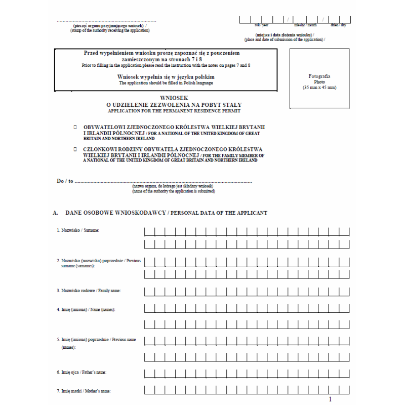 Wniosek o udzielenie zezwolenia na pobyt stały obywatelowi, członkowi rodziny obywatela Zjednoczonego Królestwa Wielkiej Brytanii i Irlandii Północnej
