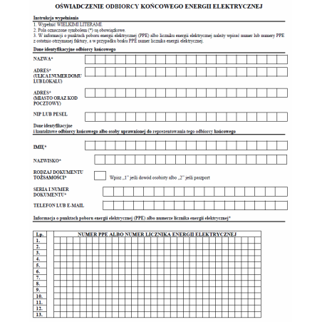 Oświadczenie odbiorcy końcowego energii elektrycznej