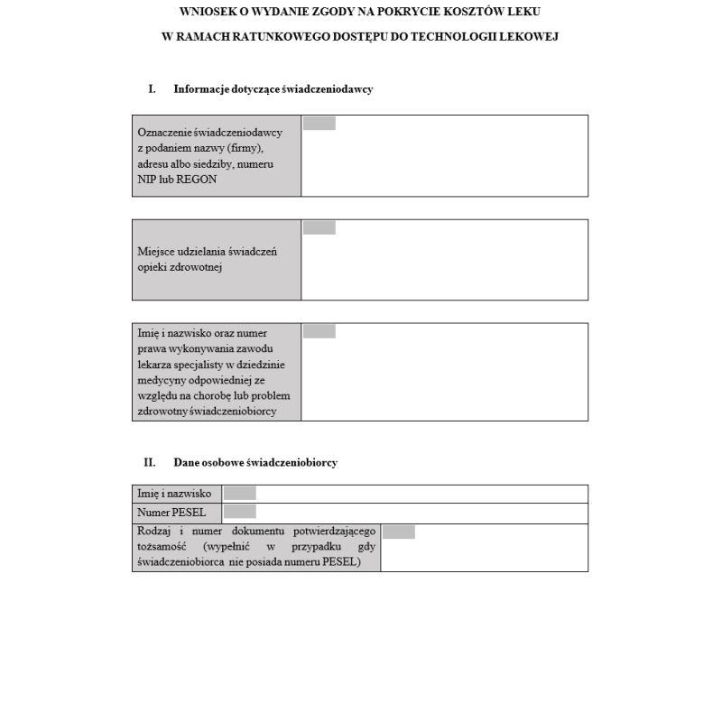 Wniosek o wydanie zgody na pokrycie kosztów leku w ramach ratunkowego dostępu do technologii lekowej