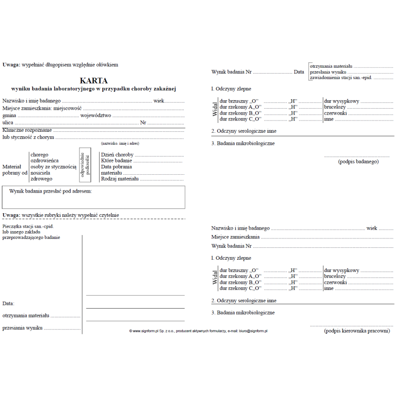 Karta - wynik badania laboratoryjnego w przypadku choroby zakaźnej