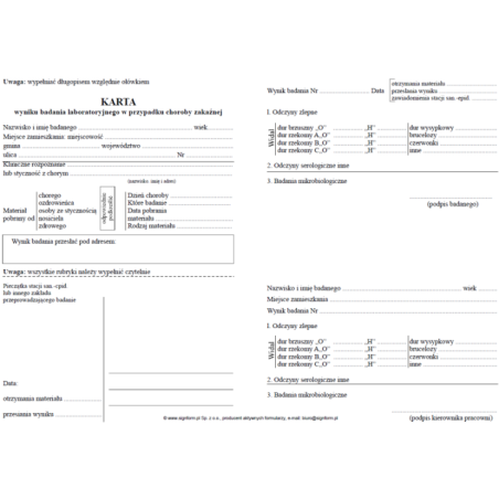 Karta - wynik badania laboratoryjnego w przypadku choroby zakaźnej