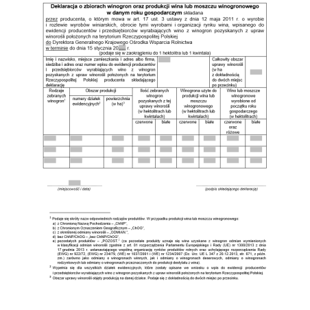 Deklaracja o zbiorach winogron, w przypadku dokonywania zbioru tych winogron oraz ich dostarczenia przedsiębiorcom wyrabiającym wino w danym roku gospodarczym