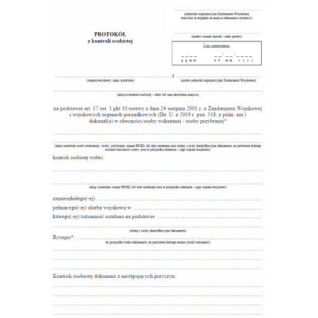 Protokół z kontroli osobistej przeprowadzonej przez żołnierzy Żandarmerii Wojskowej polegającej na przeglądaniu bagaży i sprawdzania ładunków