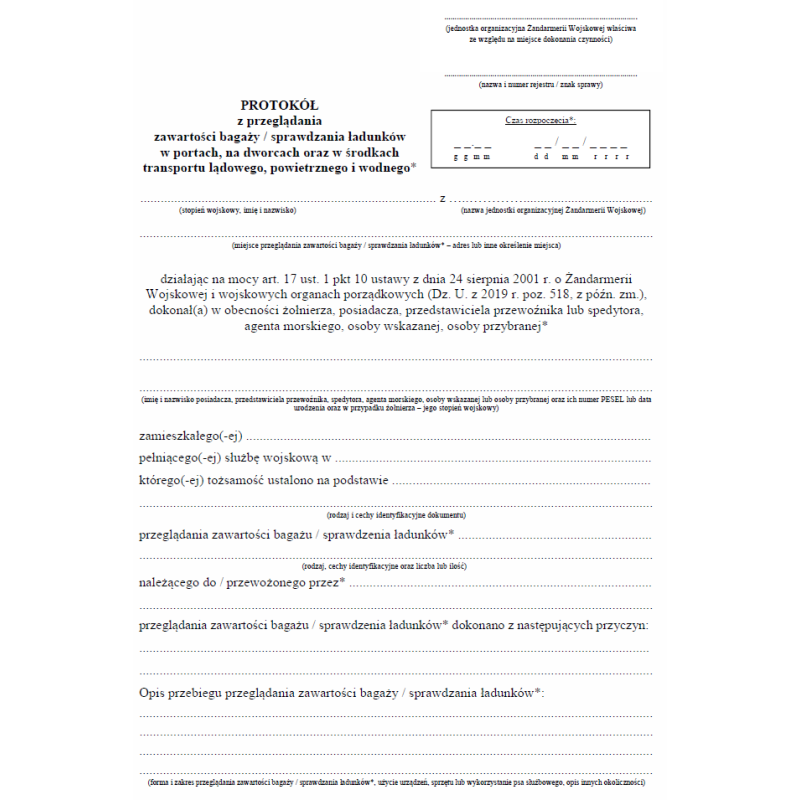 Protokół z przeglądania zawartości bagaży sprawdzania ładunków w portach, na dworcach oraz w środkach transportu lądowego, powietrznego i wodnego
