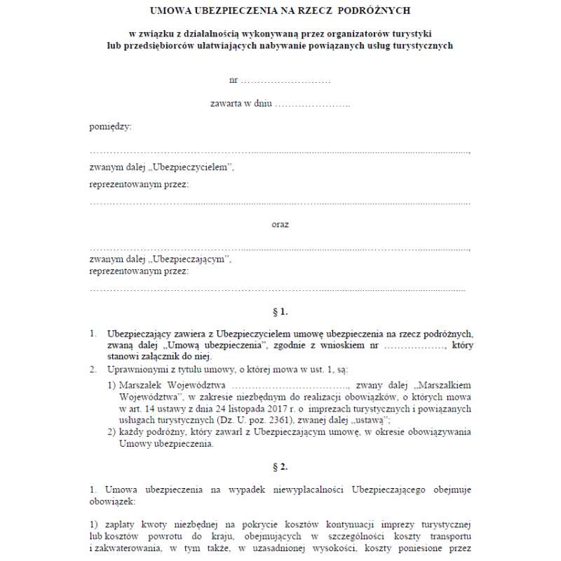 Umowa ubezpieczenia na rzecz podróżnych w związku z działalnością wykonywaną przez organizatorów turystyki lub przedsiębiorców ułatwiających nabywanie powiązanych usług turystycznych