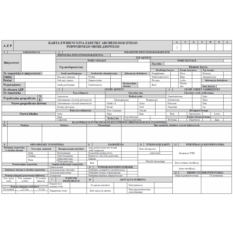 Karta ewidencyjna zabytku archeologicznego podwodnego śródlądowego