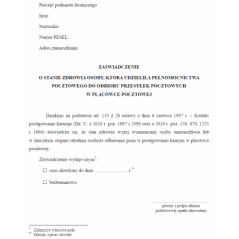 Zaświadczenie o stanie zdrowia osoby, która udzieliła pełnomocnictwa pocztowego do odbioru przesyłek pocztowych w placówce pocztowej