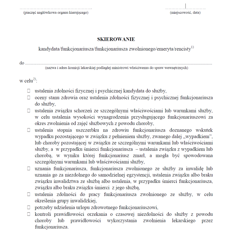 Skierowanie kandydata/funkcjonariusza/funkcjonariusza zwolnionego/emeryta/rencisty do komisji lekarskiej w Służbie Więziennej