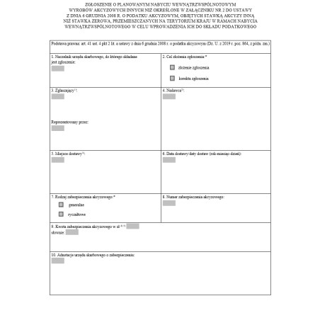 Zgłoszenie o planowanym nabyciu wewnątrzwspólnotowym wyrobów akcyzowych innych niż określone w załączniku nr 2 do ustawy z dnia 6 grudnia 2008 r. o podatku akcyzowym, objętych stawką akcyzy inną niż stawka zerowa