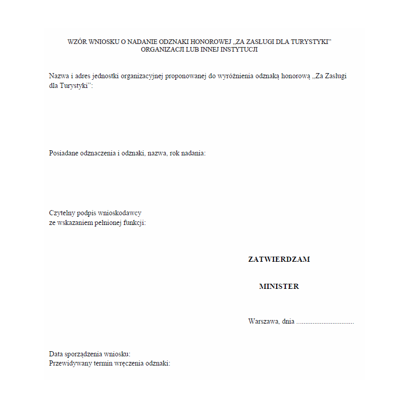 Wniosek o nadanie odznaki honorowej „za zasługi dla turystyki”