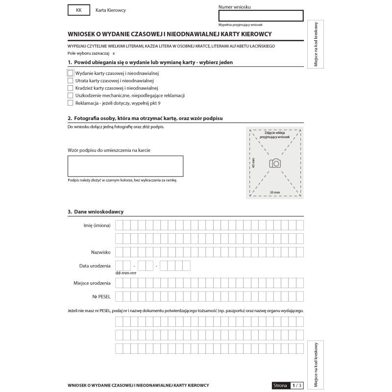 Wniosek o wydanie czasowej i nieodnawialnej karty kierowcy + Oświadczenie pracodawcy o zatrudnieniu kierowcy