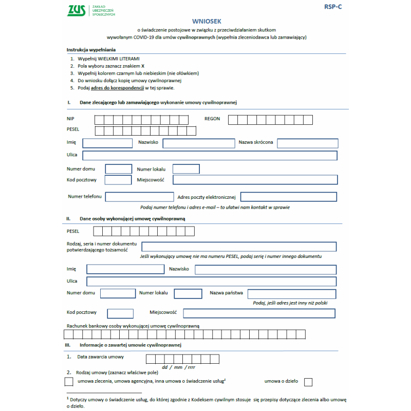 RSP-C Wniosek o świadczenie postojowe w związku z przeciwdziałaniem skutkom wywołanym COVID-19 dla umów cywilnoprawnych