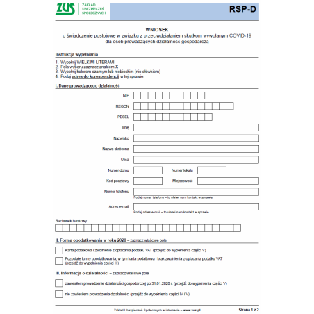 RSP-D Wniosek o świadczenie postojowe w związku z przeciwdziałaniem skutkom wywołanym COVID-19 dla osób prowadzących działalność gospodarczą