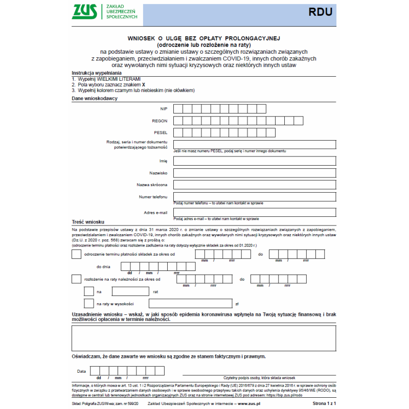 RDU Wniosek o ulgę bez opłaty prolongacyjnej (odroczenie lub rozłożenie na raty)
