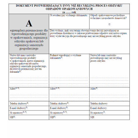 Dokument DPO - Dokument potwierdzający inny niż recykling proces odzysku odpadów opakowaniowych
