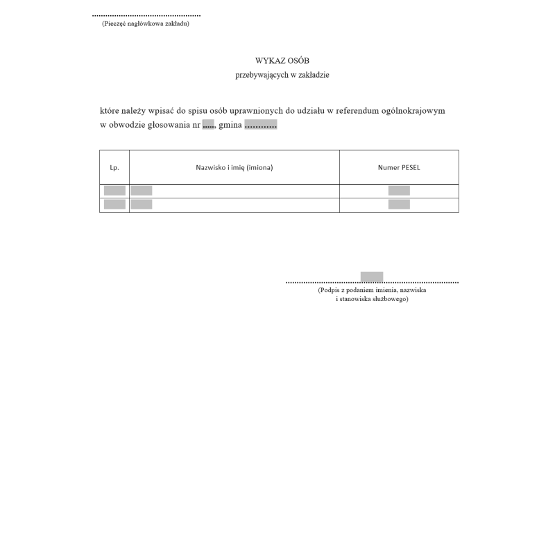 Wykaz osób uprawnionych do udziału w referendum ogólnokrajowym przebywających w zakładzie leczniczym, domu pomocy społecznej, zakładzie karnym i areszcie śledczym, domu studenckim i zespole domów studenckich, w których utworzono obwody głosowania