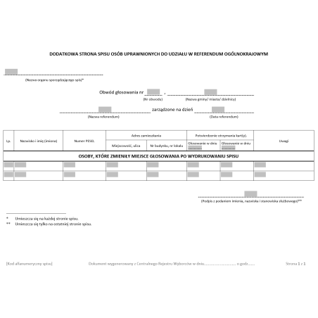 Dodatkowa strona spisu osób uprawnionych do udziału w referendum ogólnokrajowym