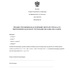 Świadectwo homologacji sposobu montażu instalacji przystosowującej dany typ pojazdu do zasilania gazem