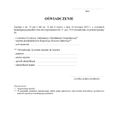 Oświadczenie o wpisie do centralnej ewidencji i informacji o działalności gospodarczej albo do rejestru przedsiębiorców KRS, albo do odpowiedniego rejestru państwa właściwego dla siedziby podmiotu ubiegającego się o udzielenie homologacji