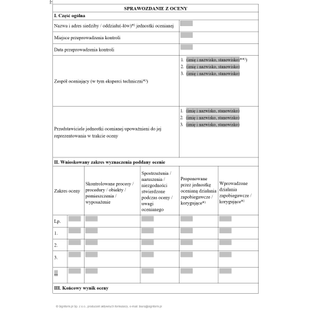 Sprawozdanie oceniające podmiotu ubiegającego się o wykonywanie zadań służby technicznej w zakresie warunków lokalowych i wyposażenia