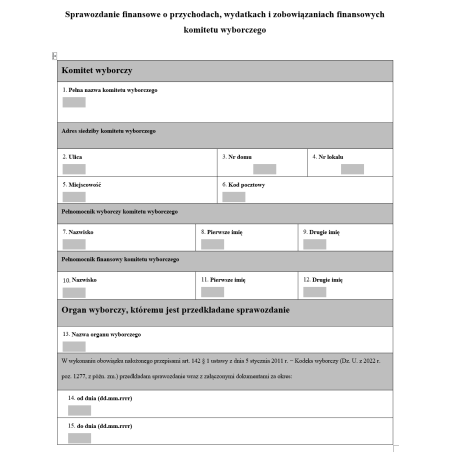 Sprawozdanie finansowe o przychodach, wydatkach i zobowiązaniach finansowych komitetu wyborczego