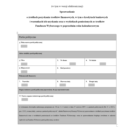 Sprawozdanie o źródłach pozyskania środków finansowych, w tym o kredytach bankowych i warunkach ich uzyskania oraz o wydatkach poniesionych ze środków Funduszu Wyborczego w poprzednim roku kalendarzowym