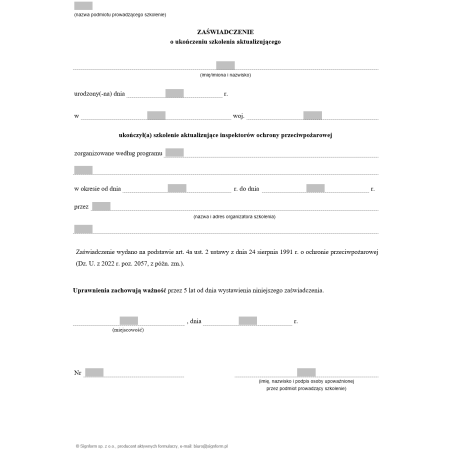 Zaświadczenie o ukończeniu szkolenia aktualizującego specjalistów ochrony przeciwpożarowej