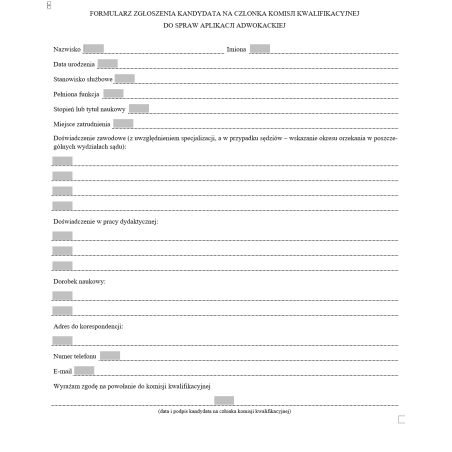 Formularz zgłoszenia kandydata na członka komisji kwalifikacyjnej do spraw aplikacji adwokackiej