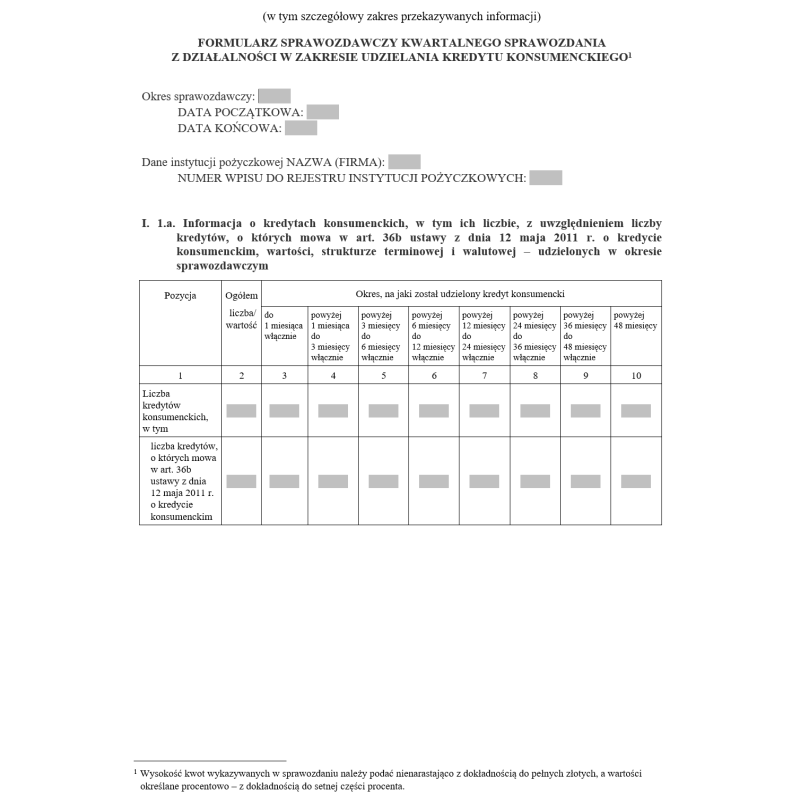 Formularz sprawozdawczy kwartalnego / rocznego sprawozdania z działalności w zakresie udzielania kredytu konsumenckiego