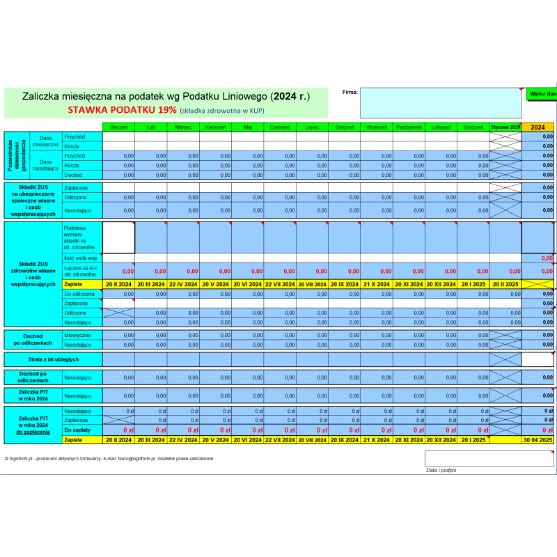 Kalkulator podatkowy - Zaliczka miesięczna / kwartalna na podatek liniowy 2024 (stawka 19%)