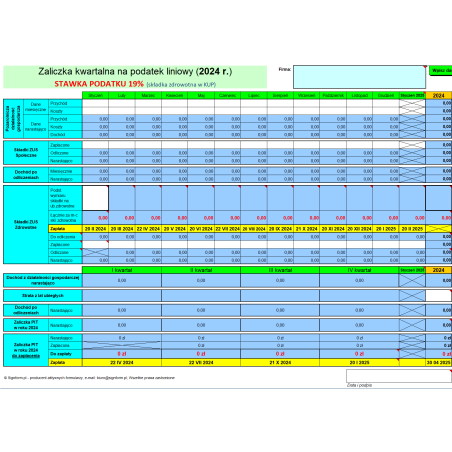 Kalkulator podatkowy - Zaliczka miesięczna / kwartalna na podatek liniowy 2024 (stawka 19%)