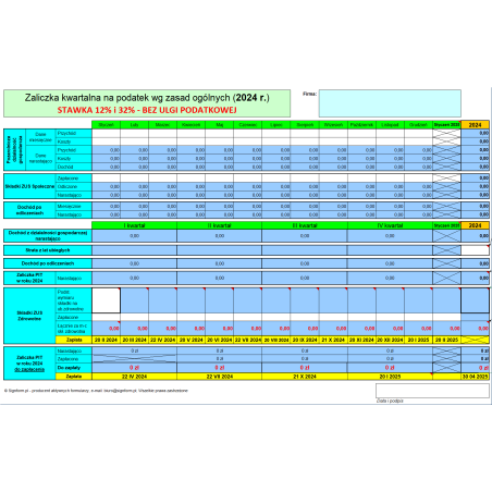 Kalkulator podatkowy - Zaliczka miesięczna / kwartalna na podatek według zasad ogólnych BEZ KWOTY WOLNEJ OD PODATKU 2024 r. (skala podatkowa)