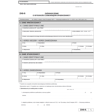 ZAS-S Zaświadczenie o wysokości zobowiązań spadkodawcy