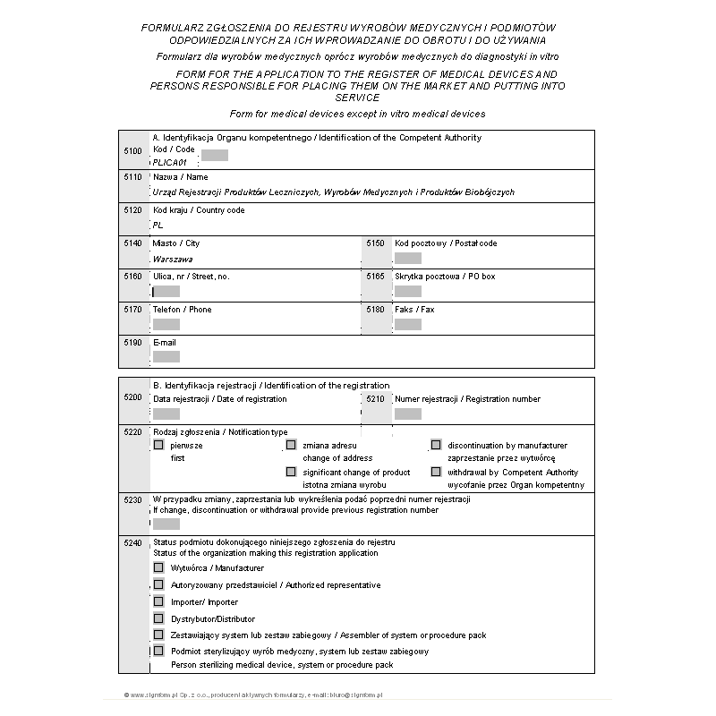 Formularz zgłoszenia do rejestru wyrobów medycznych i podmiotów odpowiedzialnych za ich wprowadzanie do obrotu i do używania