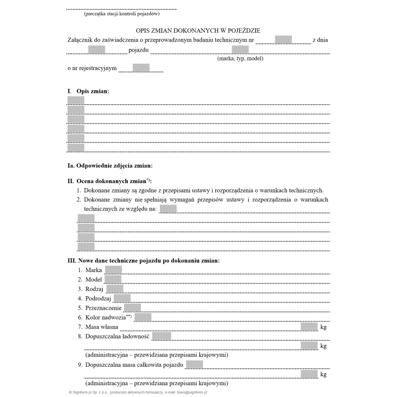 Opis zmian dokonanych w pojeździe (załącznik do zaświadczenia o przeprowadzonym badaniu technicznym)