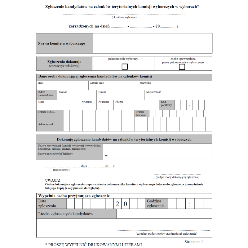 Zgłoszenie kandydatów na członków terytorialnych komisji wyborczych w wyborach