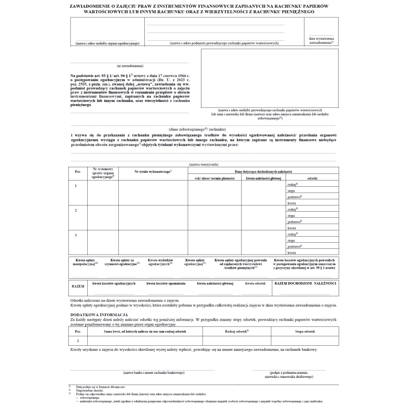 Zawiadomienie o zajęciu praw z instrumentów finansowych zapisanych na rachunku papierów wartościowych lub innym rachunku oraz z wierzytelności z rachunku pieniężnego