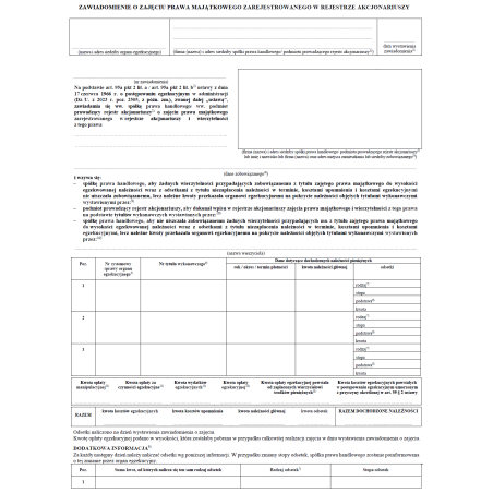 Zawiadomienie o zajęciu prawa majątkowego zarejestrowanego w rejestrze akcjonariuszy