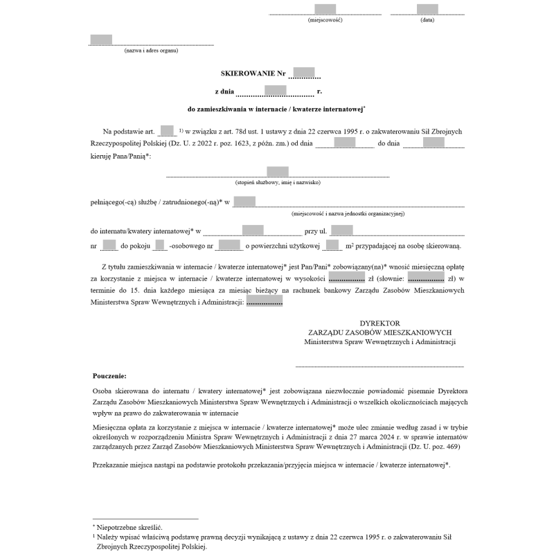 Skierowanie do zamieszkiwania w internacie / kwaterze internatowej