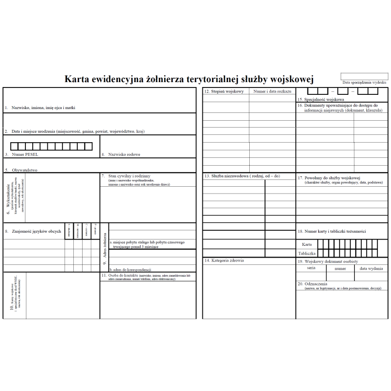 Karta ewidencyjna żołnierza terytorialnej służby wojskowej