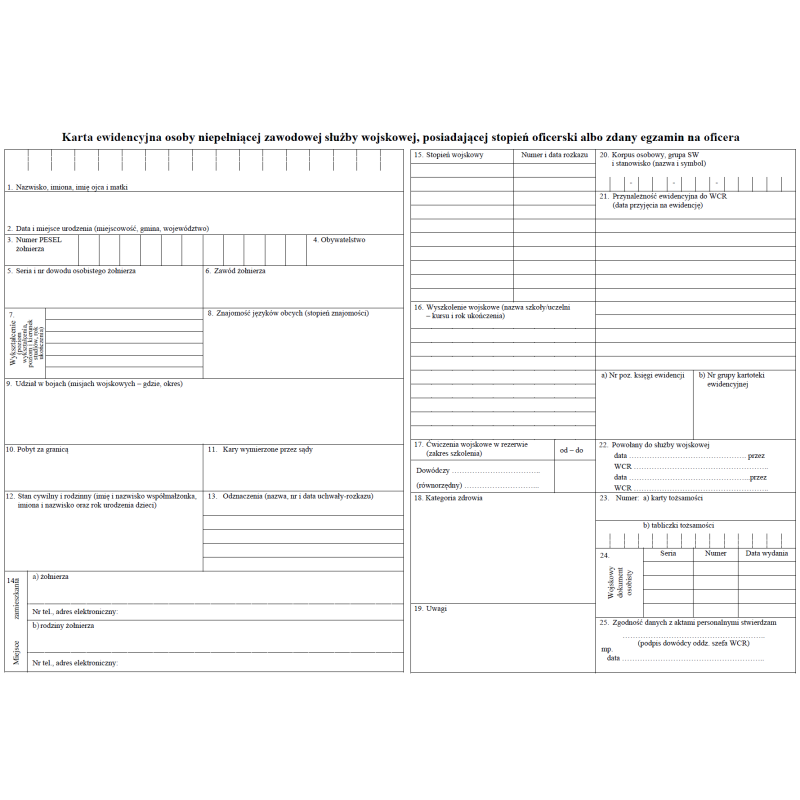 Karta ewidencyjna osoby niepełniącej zawodowej służby wojskowej, posiadającej stopień oficerski albo zdany egzamin na oficera