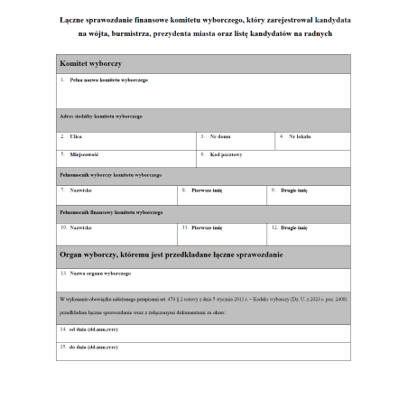 Łączne sprawozdanie finansowe komitetu wyborczego, który zarejestrował kandydata na wójta, burmistrza, prezydenta miasta oraz listę kandydatów na radnych