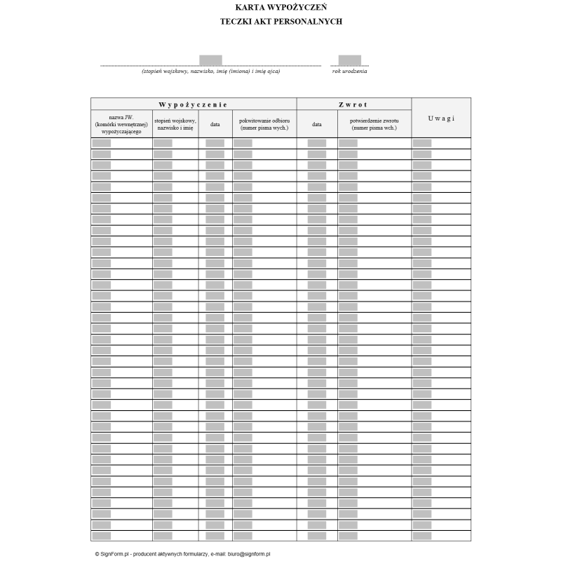 Karta wypożyczeń teczki akt personalnych