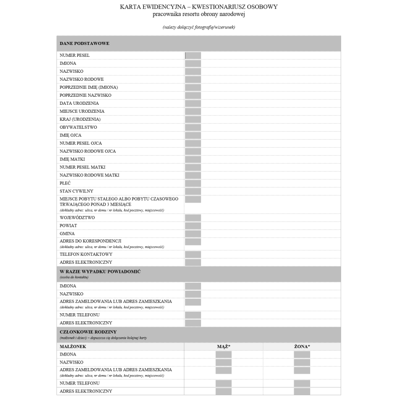 Karta ewidencyjna – Kwestionariusz osobowy pracownika resortu obrony narodowej